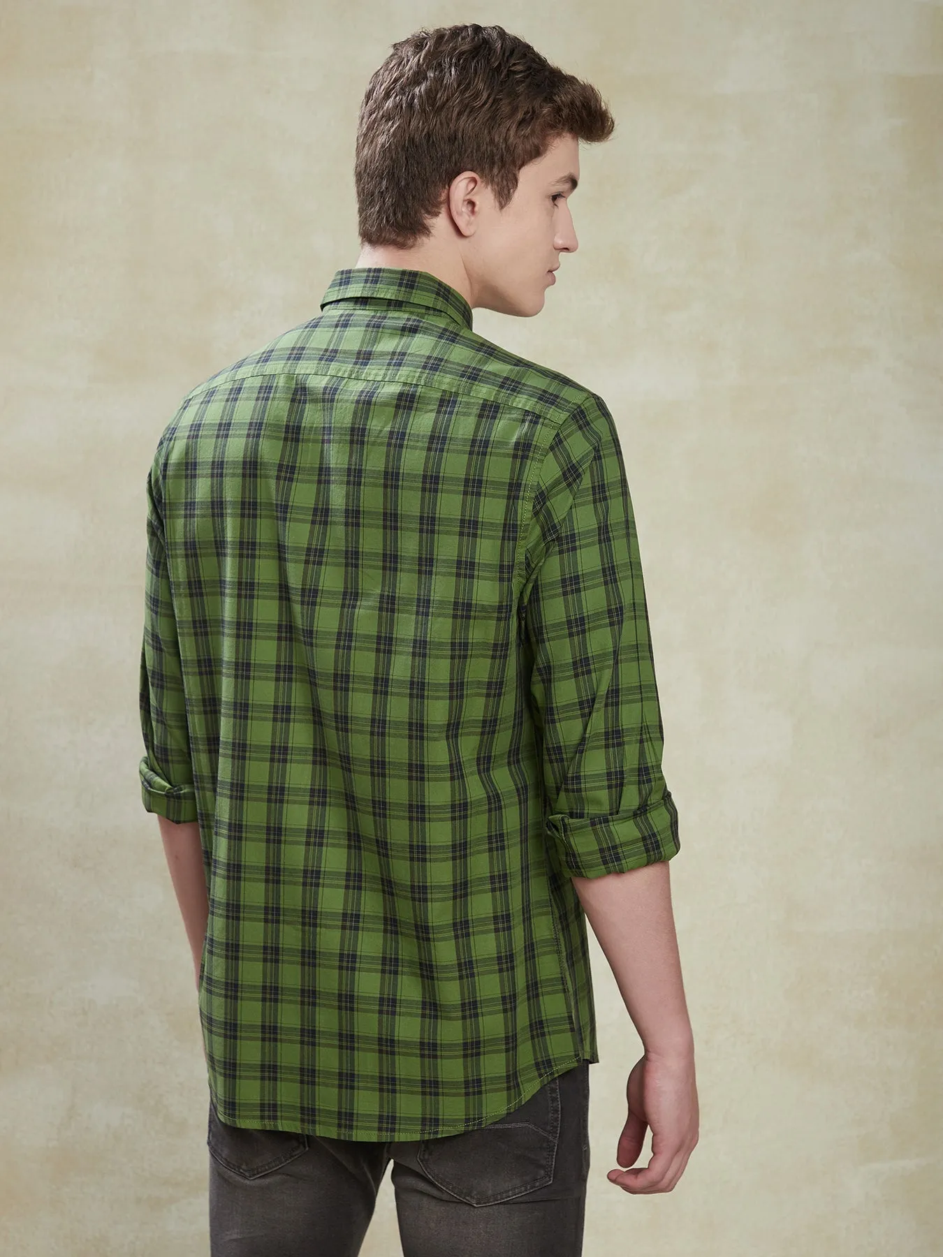 100% Cotton Dark Green Slim Fit Full Sleeve Casual Mens Checkered Shirt