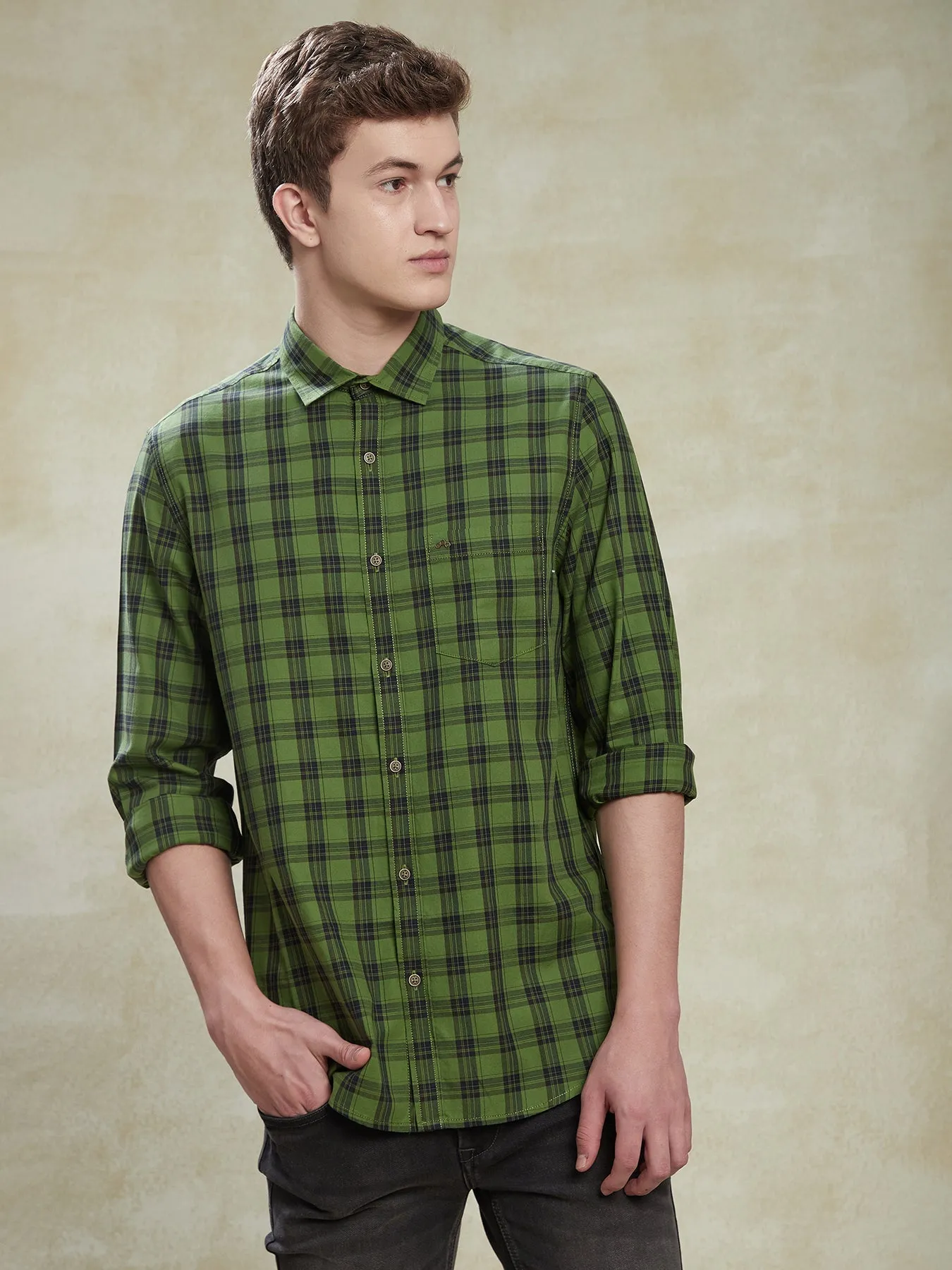 100% Cotton Dark Green Slim Fit Full Sleeve Casual Mens Checkered Shirt