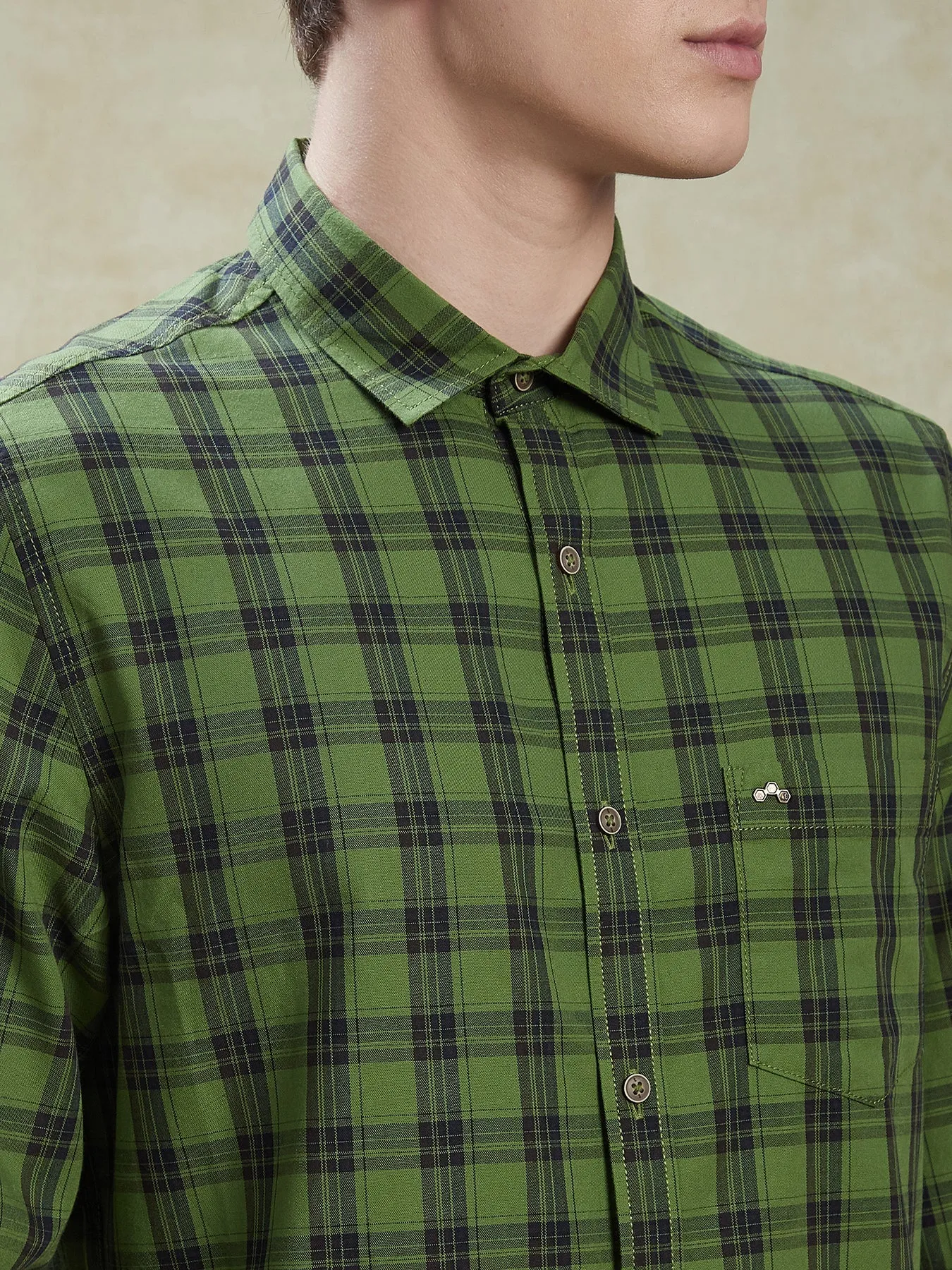 100% Cotton Dark Green Slim Fit Full Sleeve Casual Mens Checkered Shirt