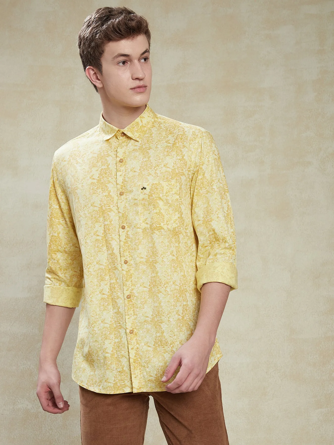 100% Cotton Yellow Slim Fit Full Sleeve Casual Mens Printed Shirt