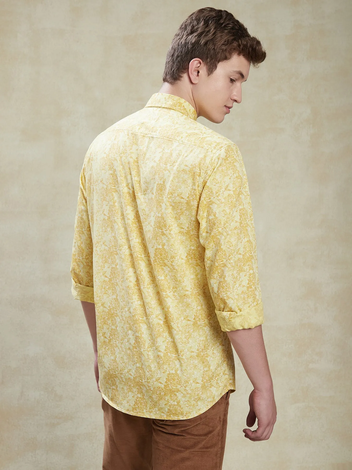 100% Cotton Yellow Slim Fit Full Sleeve Casual Mens Printed Shirt