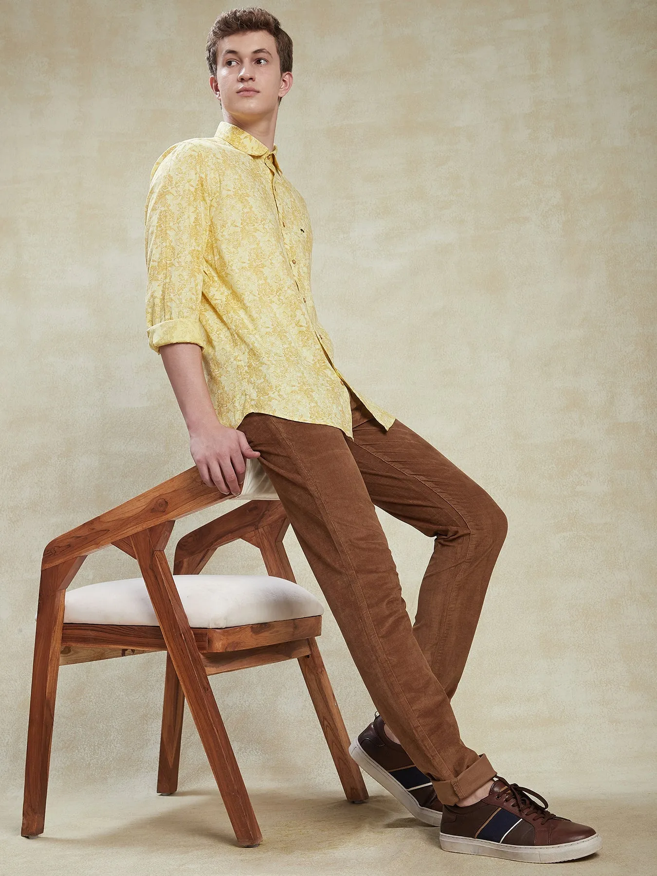 100% Cotton Yellow Slim Fit Full Sleeve Casual Mens Printed Shirt