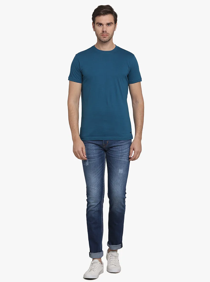 Aegean Blue Solid Slim Fit T-Shirt  | JadeBlue