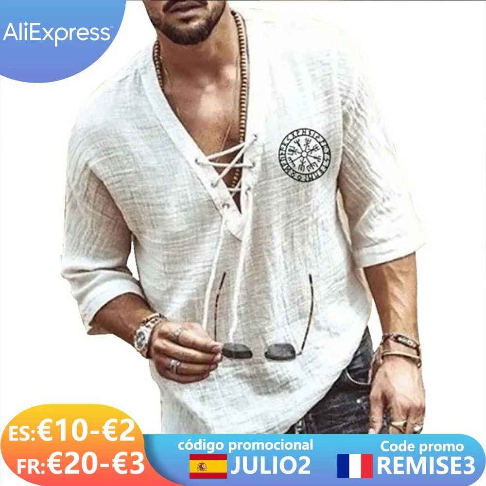 Aidase Renaissance Viking Pirate Medieval Cosplay Halloween Costume Men Shirt V Neck Lace Up Vintage Shirt Half Sleeve Linen Blouse Top