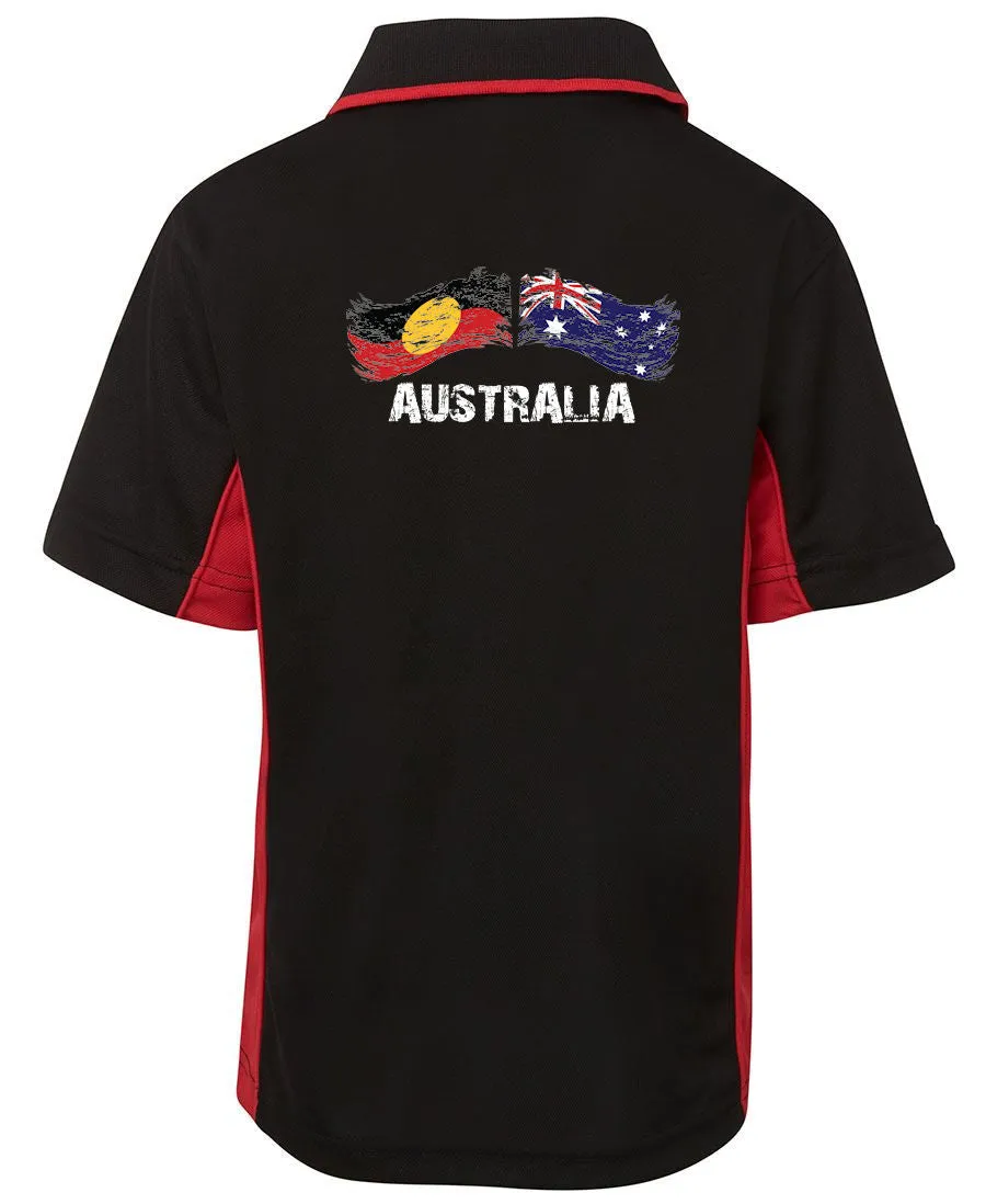 Australian & Aboriginal Flag Distressed Style Sports Polo (Black with Red Sides, Adult Sizes)