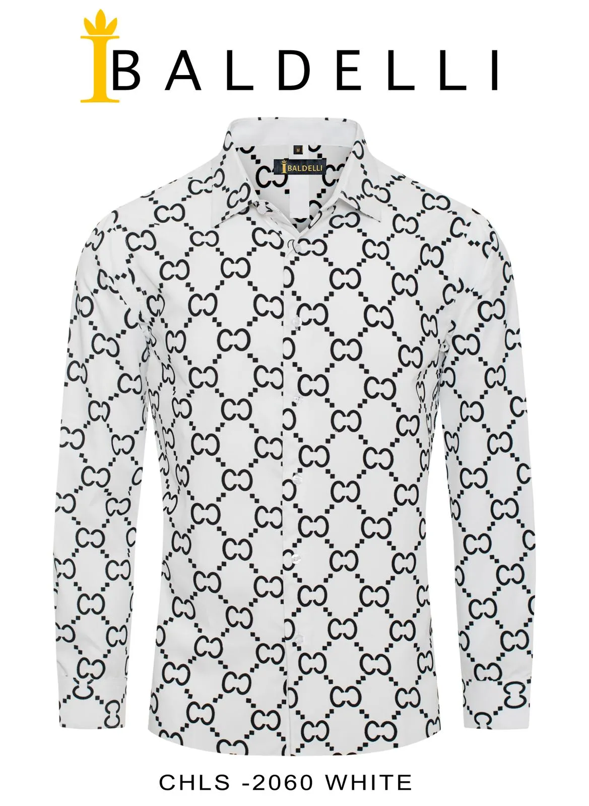 Baldelli White and Black Print Italian Design Men's Long Sleeve Shirt Regular-Fit Style No: CHLS-2060