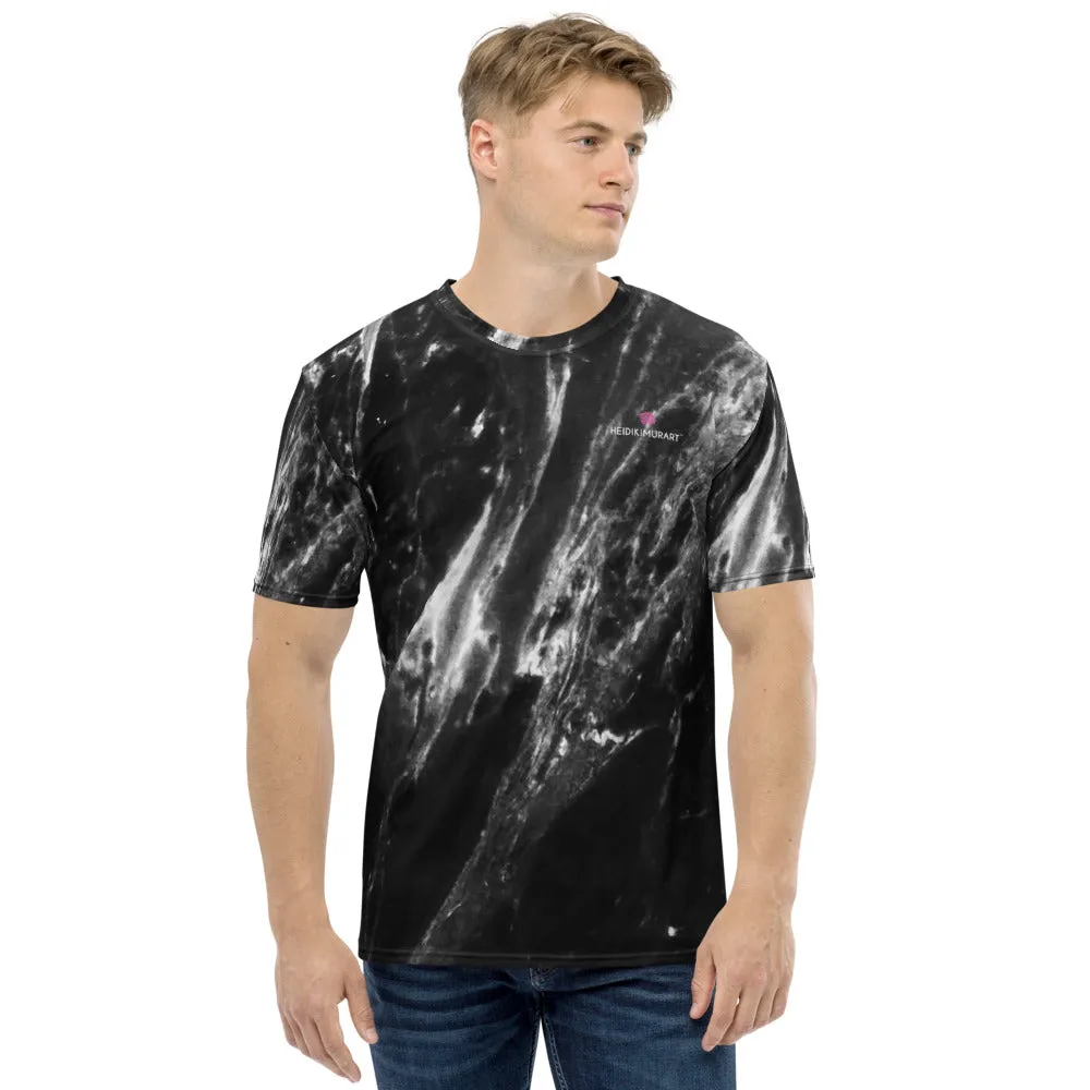 Black Grey Marble Men's T-shirt, Abstract Gray Marbled Print Luxury Tee For Men-Made in USA/EU/MX