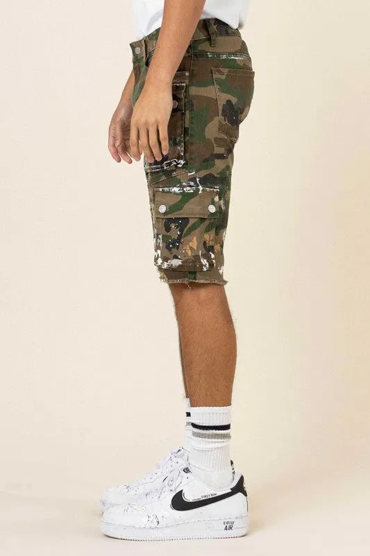 Camo Hand Painted Multi Cargo Black Denim Shorts