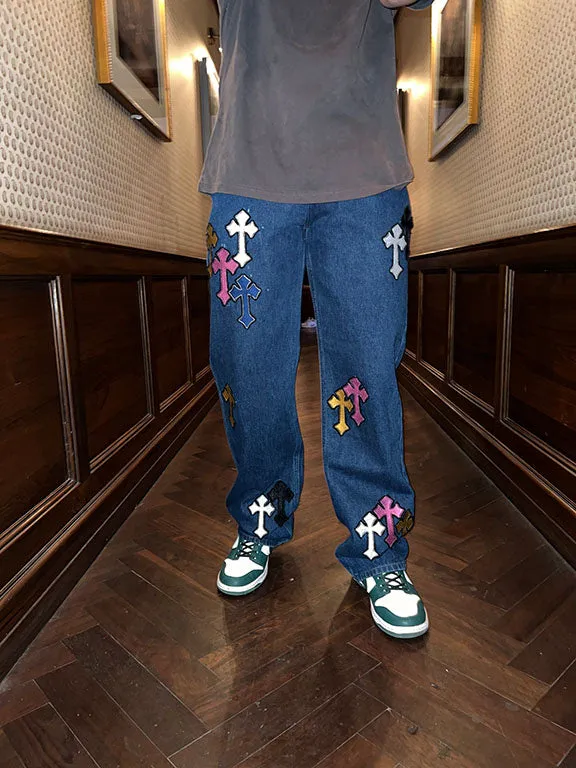 CROSSED OUT EMBROIDERED MULTI-COLOUR PATCHWORK VALKYRE JEANS