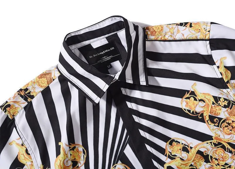 Floral Print Men's Shirts Short Sleeve Striped Shirts Men Casual Shirt