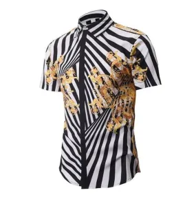 Floral Print Men's Shirts Short Sleeve Striped Shirts Men Casual Shirt