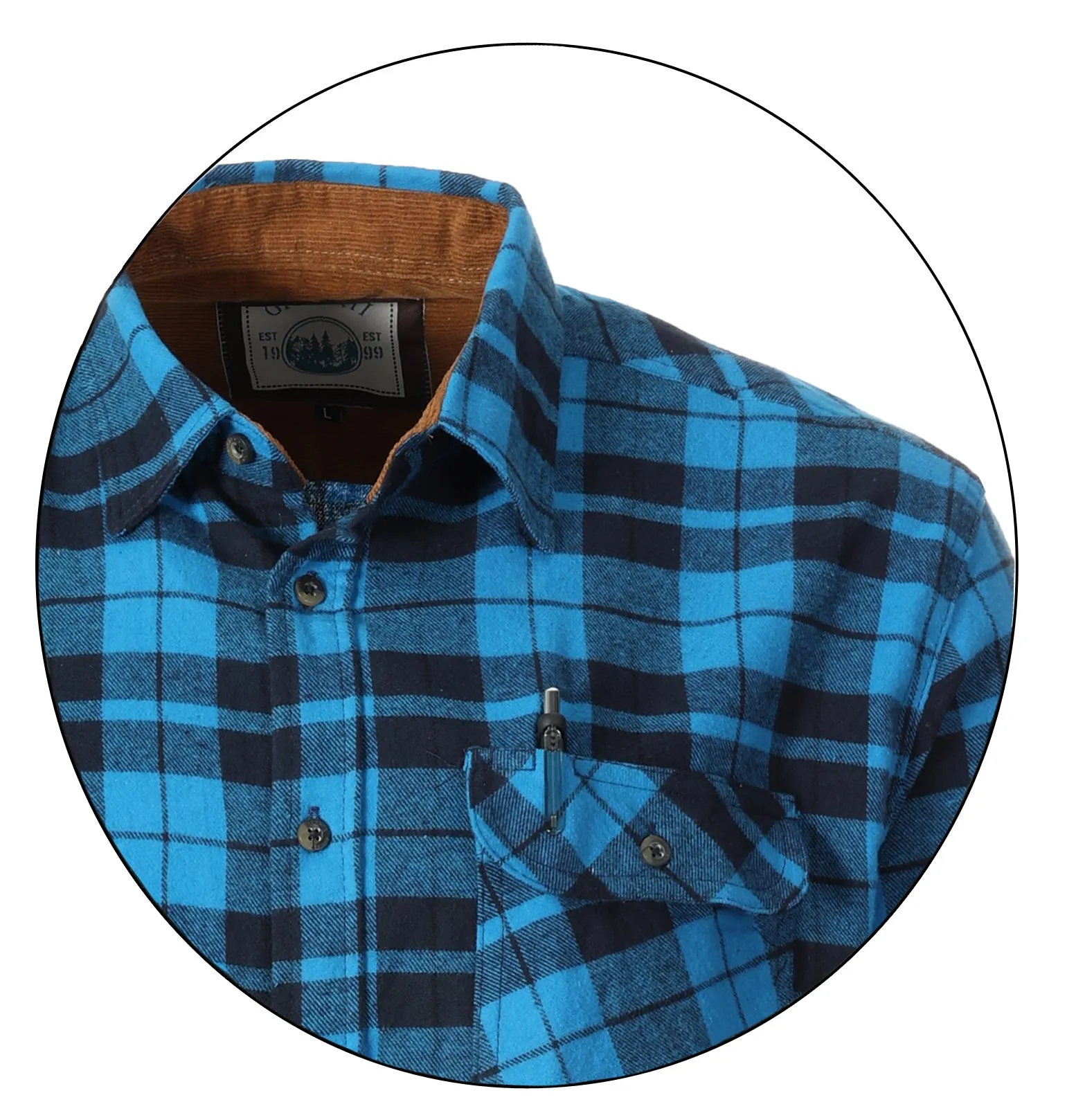 Gioberti Men's Blue / Navy 100% Cotton Brushed Flannel Plaid Checkered Shirt with Corduroy Contrast