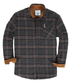 Gioberti Men's Charcoal / Gray / Coral Highlight 100% Cotton Brushed Flannel Plaid Checkered Shirt with Corduroy Contrast