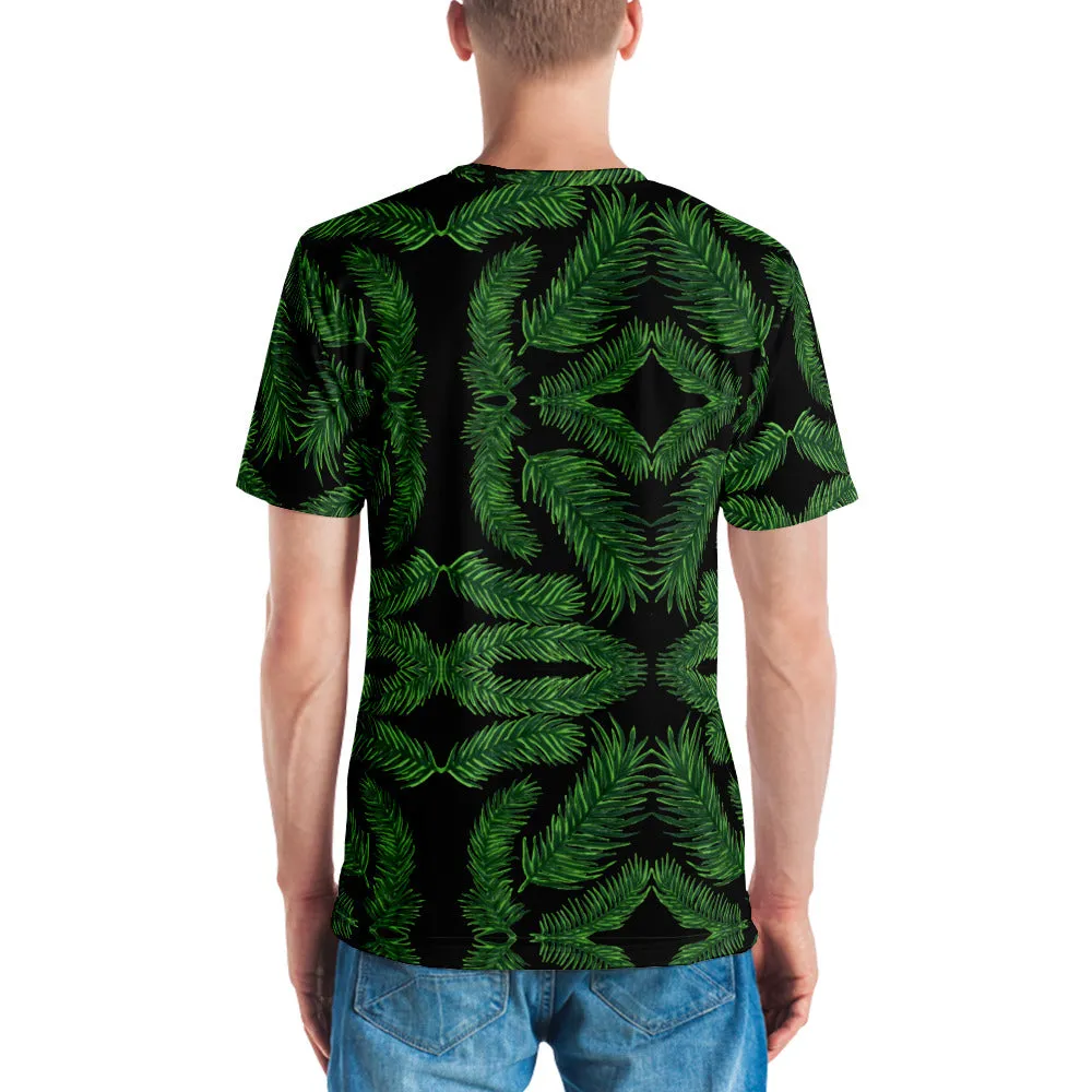 Green Palm Leaf Men's T-shirt, Black Tropical Leaves Hawaiian Style Tees For Men-Made in USA/EU