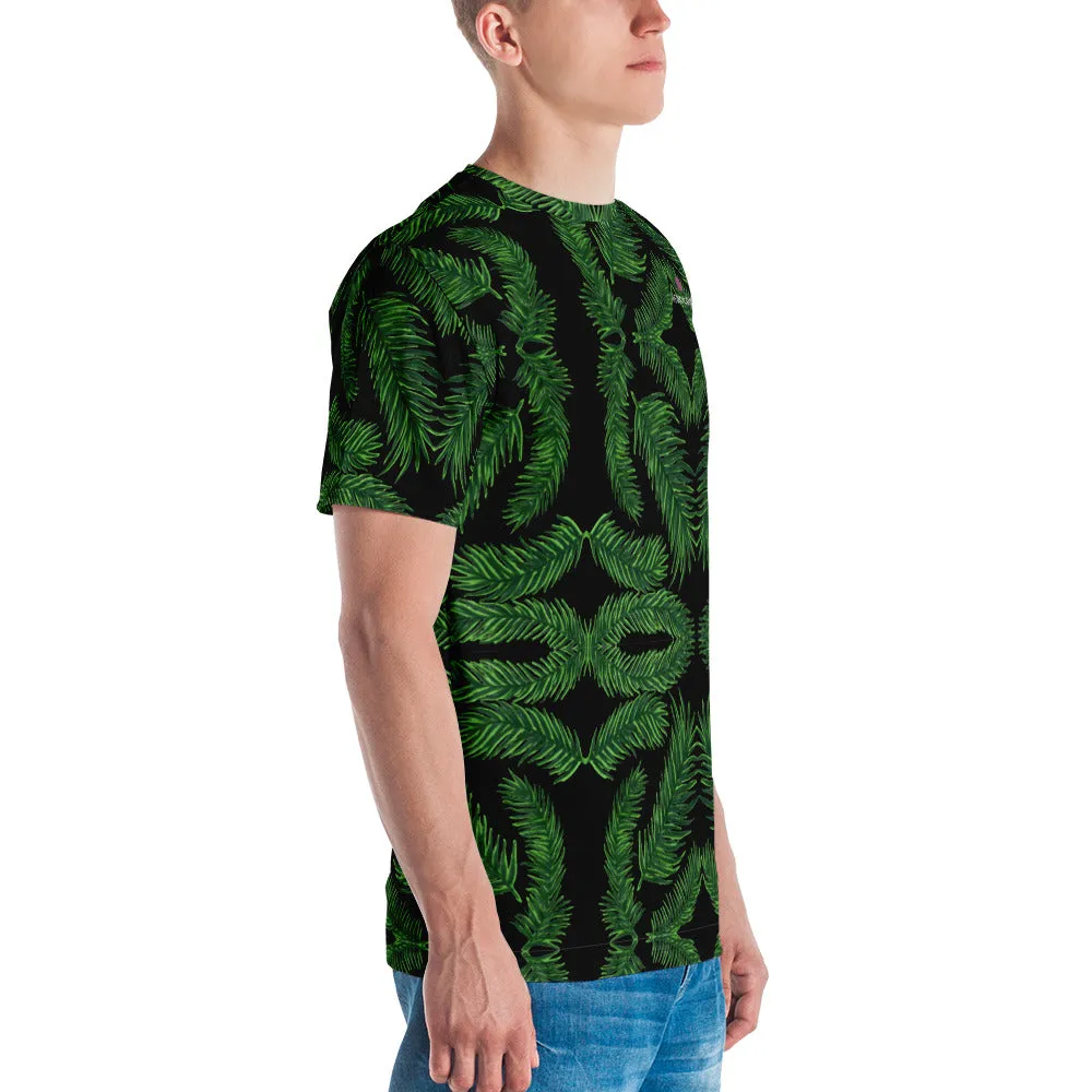 Green Palm Leaf Men's T-shirt, Black Tropical Leaves Hawaiian Style Tees For Men-Made in USA/EU