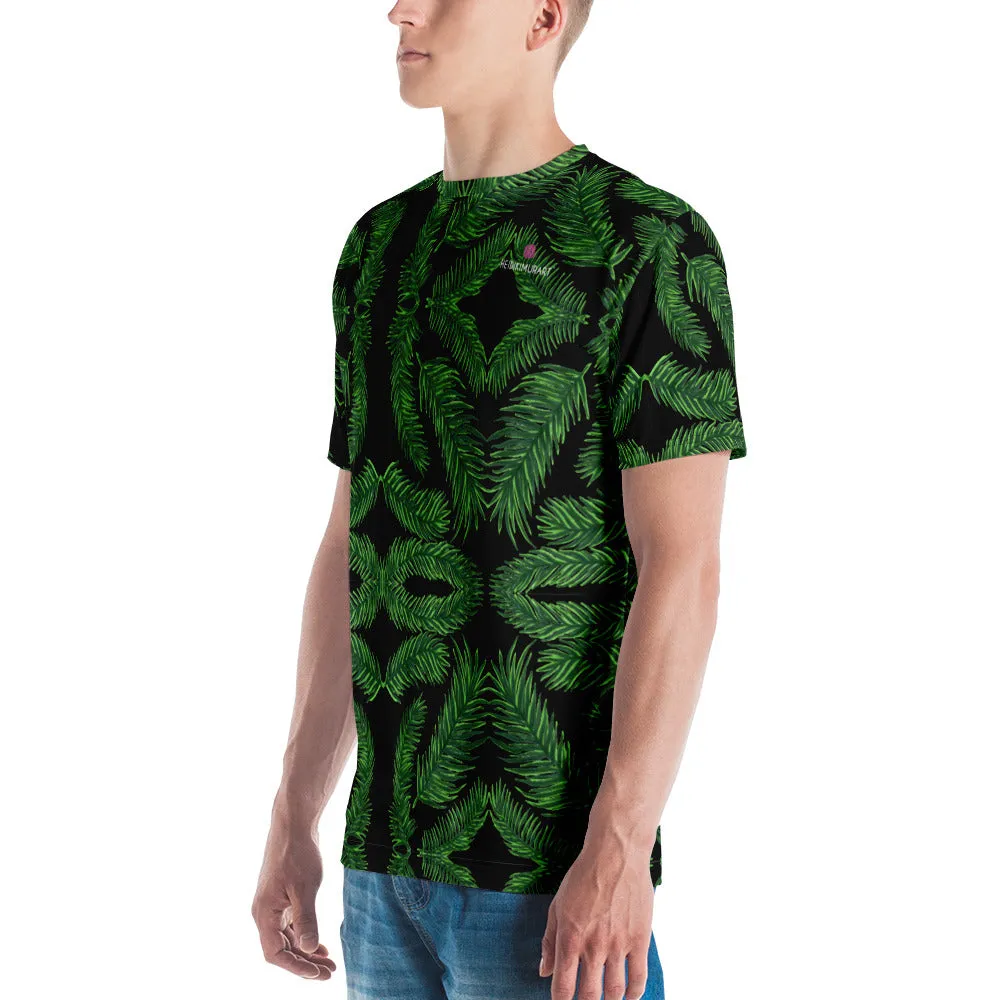 Green Palm Leaf Men's T-shirt, Black Tropical Leaves Hawaiian Style Tees For Men-Made in USA/EU