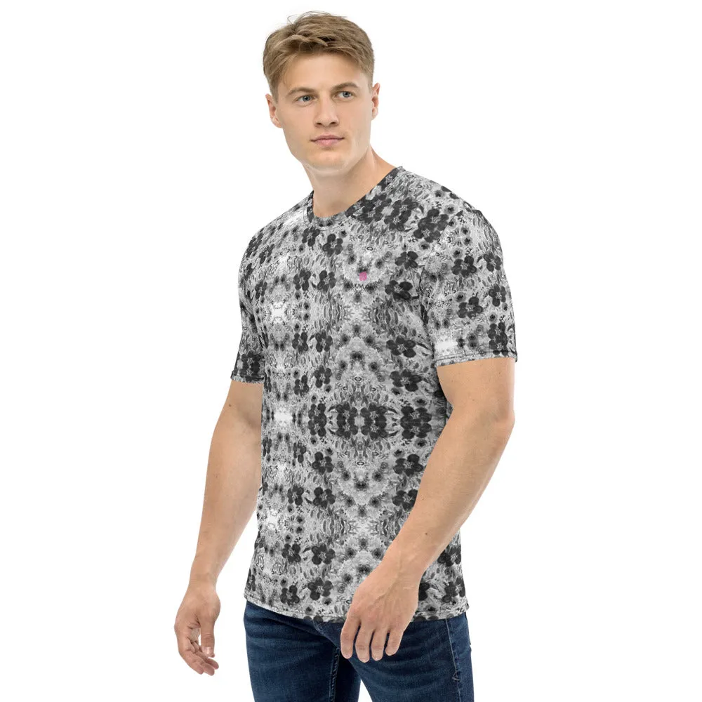 Grey Floral Men's T-shirt, Regular Fit Designer Short Sleeves Crew Neck Tees For Men -Made in USA/EU