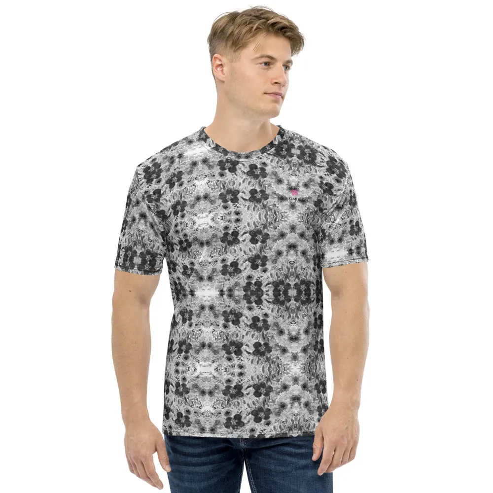 Grey Floral Men's T-shirt, Regular Fit Designer Short Sleeves Crew Neck Tees For Men -Made in USA/EU