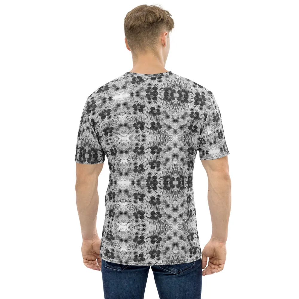 Grey Floral Men's T-shirt, Regular Fit Designer Short Sleeves Crew Neck Tees For Men -Made in USA/EU