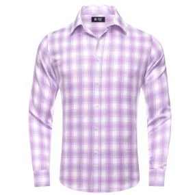 Hi-Tie Button Down Shirt Purple White Plaid Men's Silk Long Sleeve Shirt