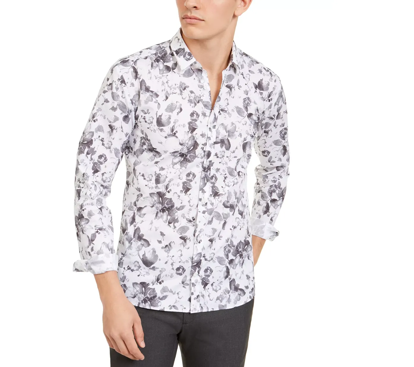 Hugo Boss Mens Extra-Slim Fit Floral Shirt, Open White, Size XL