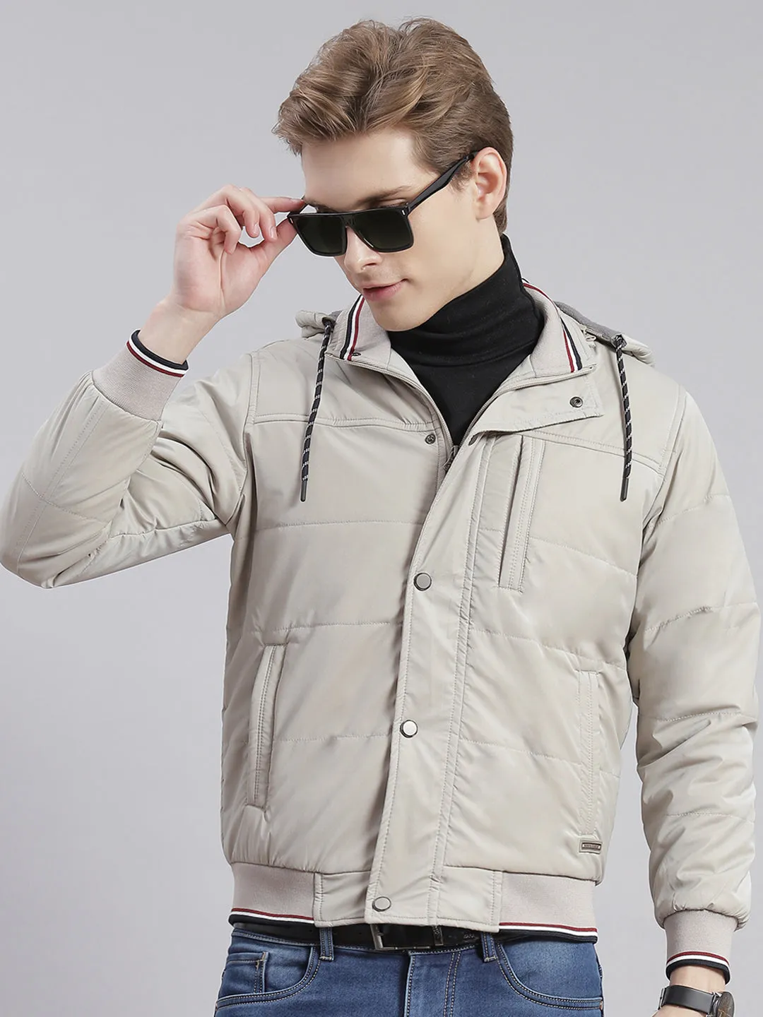 Men Beige Solid Hooded Full Sleeve Jackets