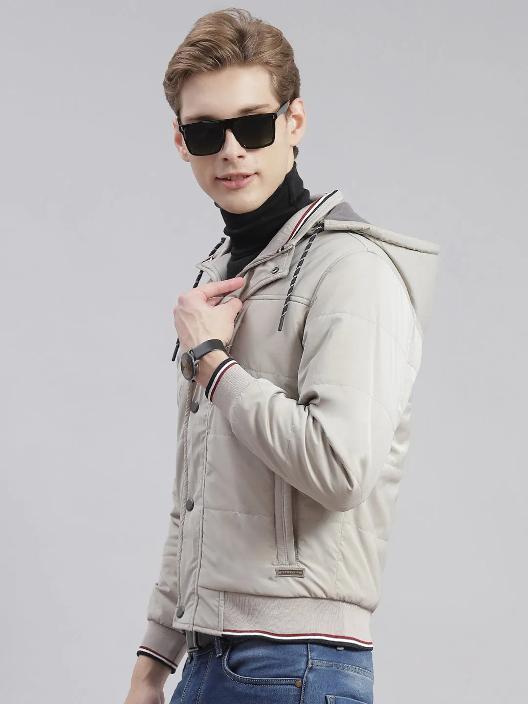 Men Beige Solid Hooded Full Sleeve Jackets