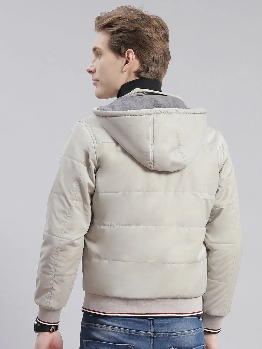 Men Beige Solid Hooded Full Sleeve Jackets