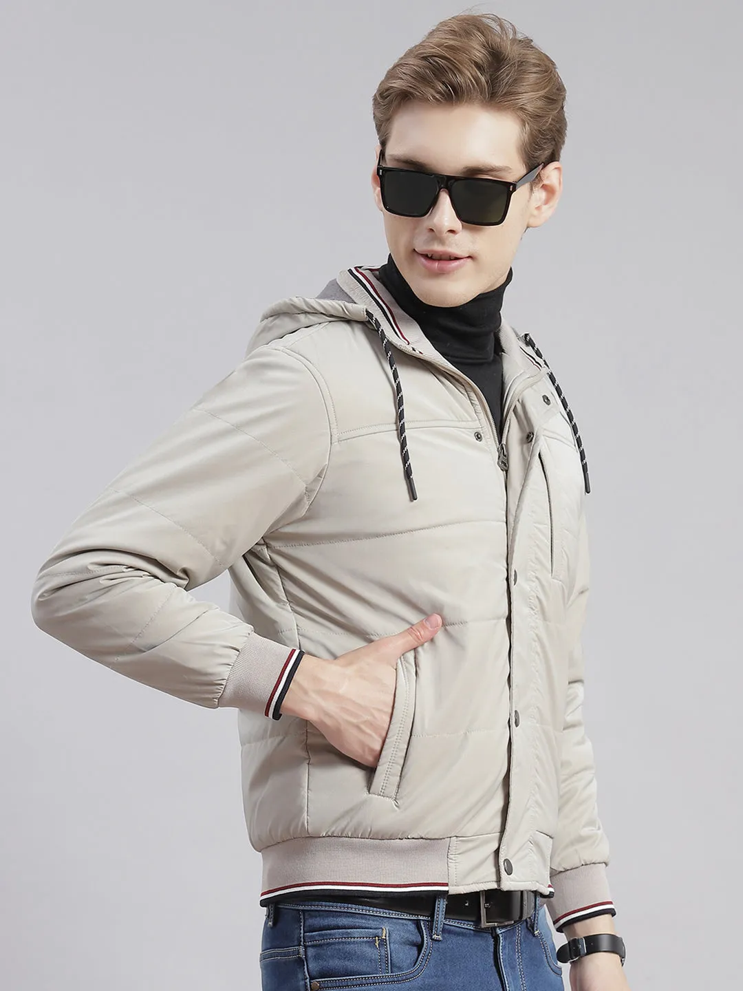 Men Beige Solid Hooded Full Sleeve Jackets