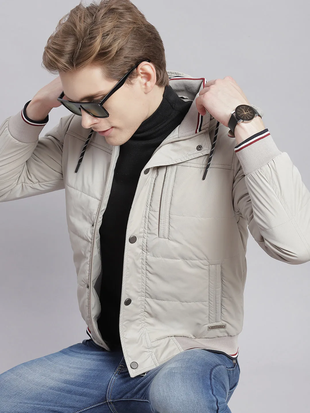 Men Beige Solid Hooded Full Sleeve Jackets