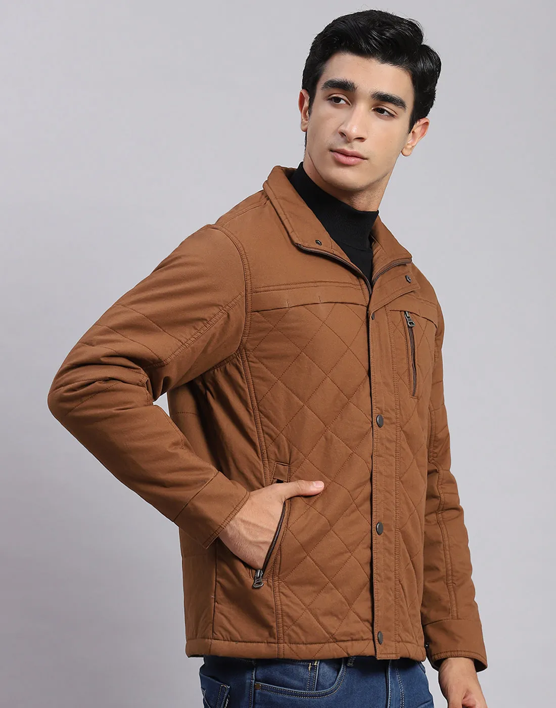 Men Brown Solid Spread Collar Full Sleeve Jackets