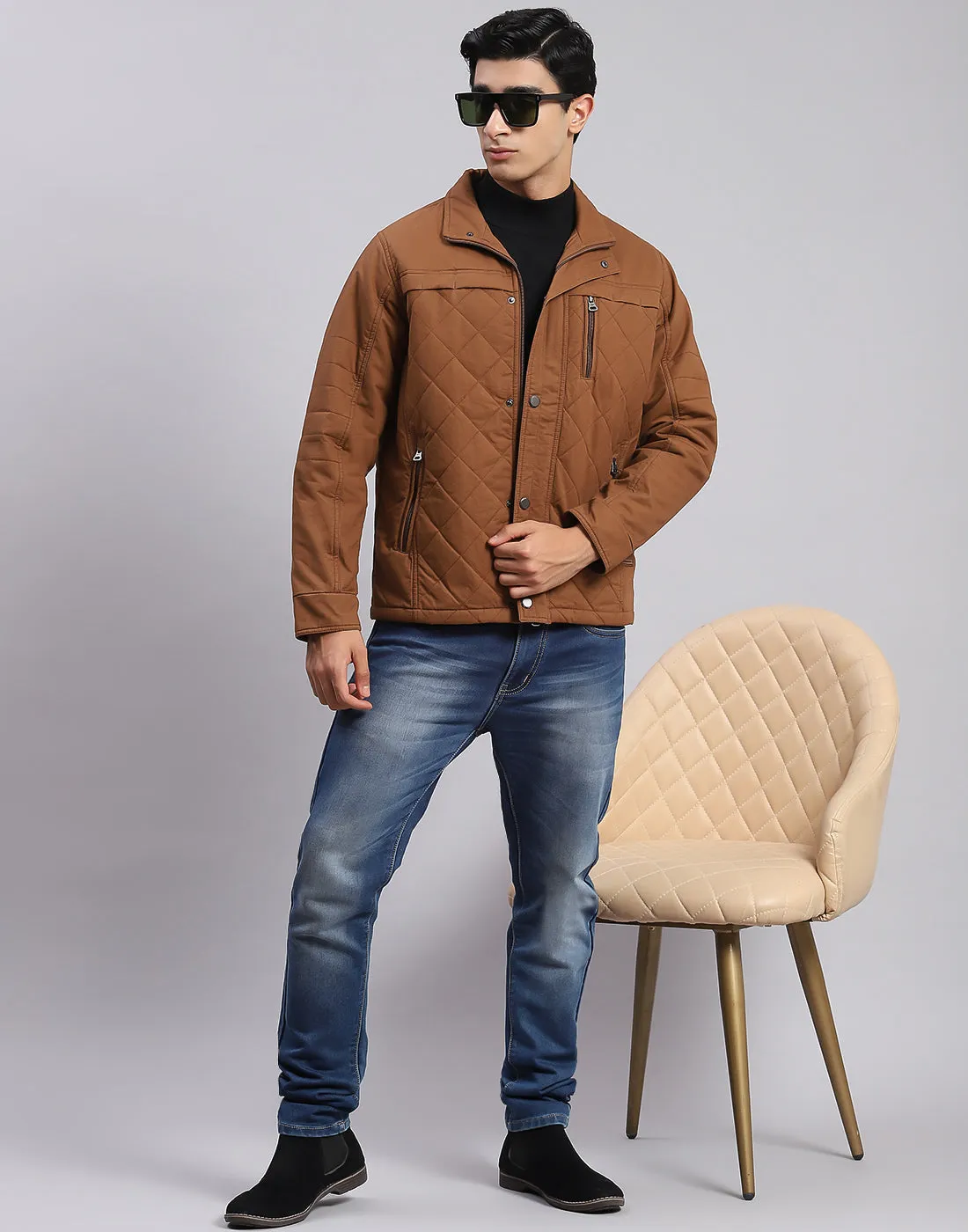 Men Brown Solid Spread Collar Full Sleeve Jackets