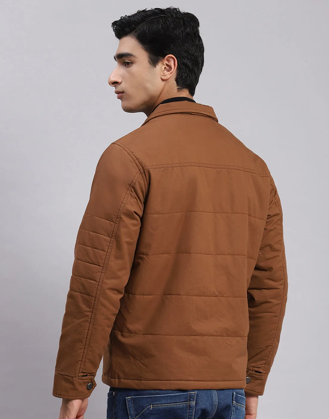 Men Brown Solid Spread Collar Full Sleeve Jackets