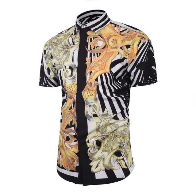 Men Casual Shirt Flower Print Short Sleeve Shirt