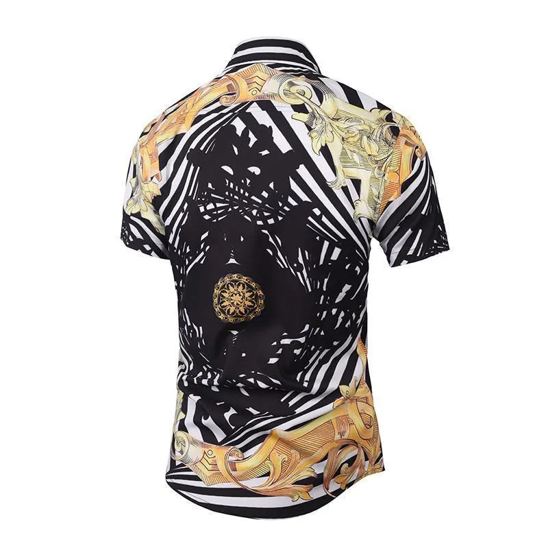 Men Casual Shirt Flower Print Short Sleeve Shirt