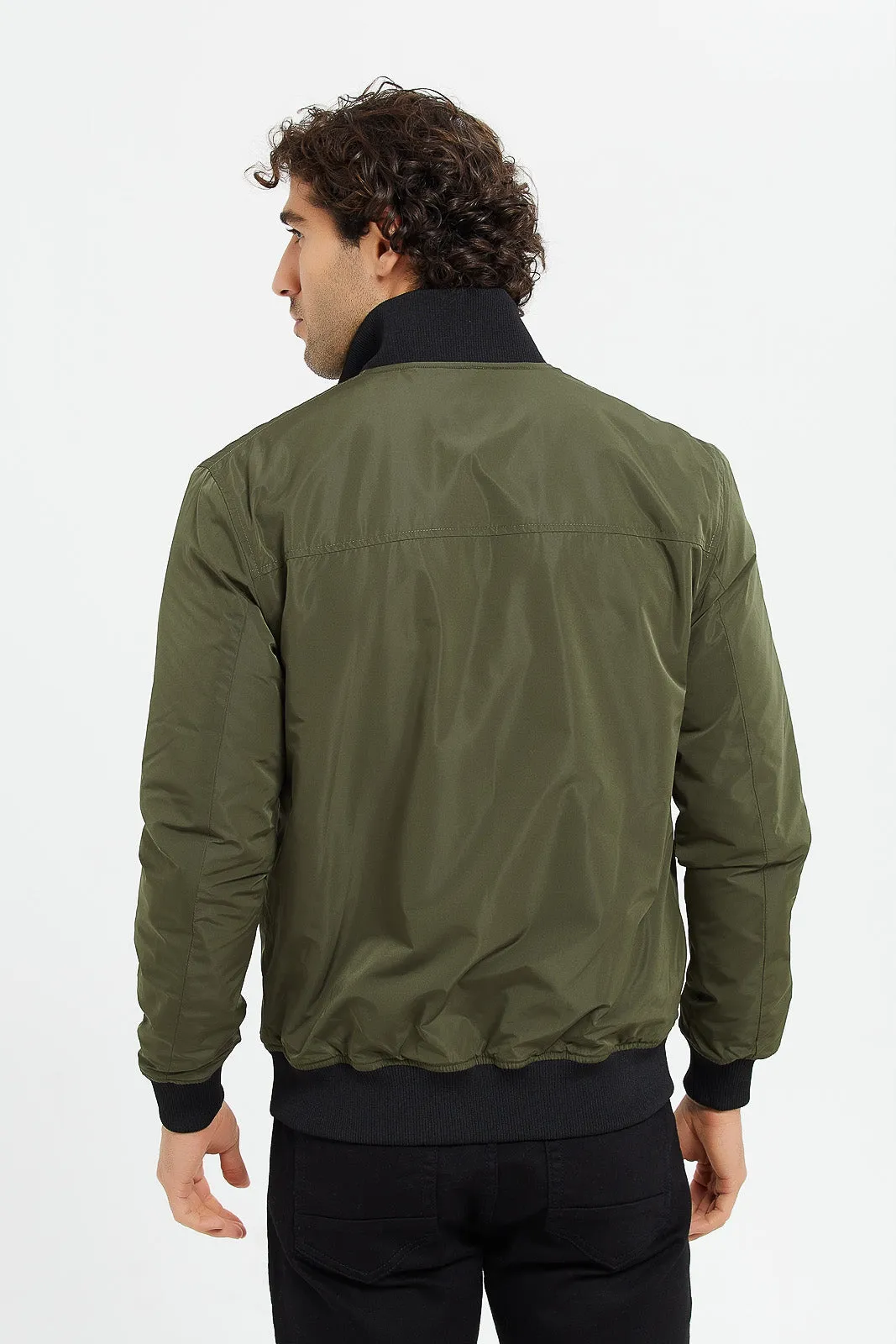 Men Olive Bomber Jacket With Faux Fur Lining