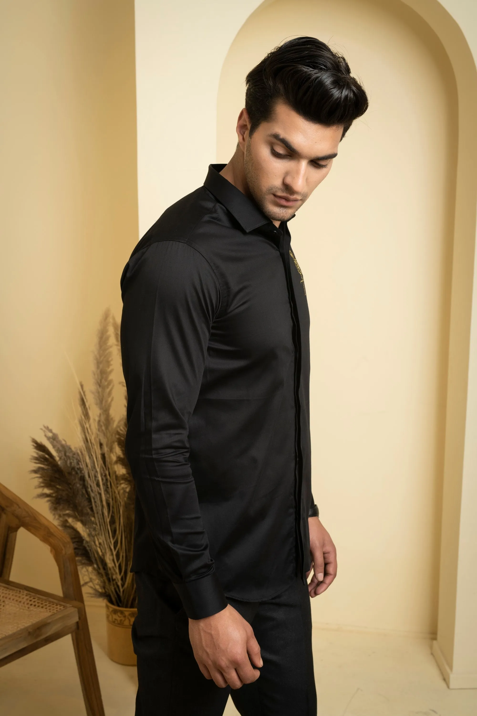 Men's Black Color Perto Crane Shirt Full Sleeves Casual Shirt - Hilo Design