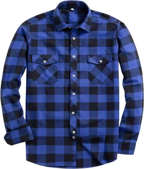 Men's Button Down Regular Fit Long Sleeve Plaid Flannel Casual Shirts Black/Blue