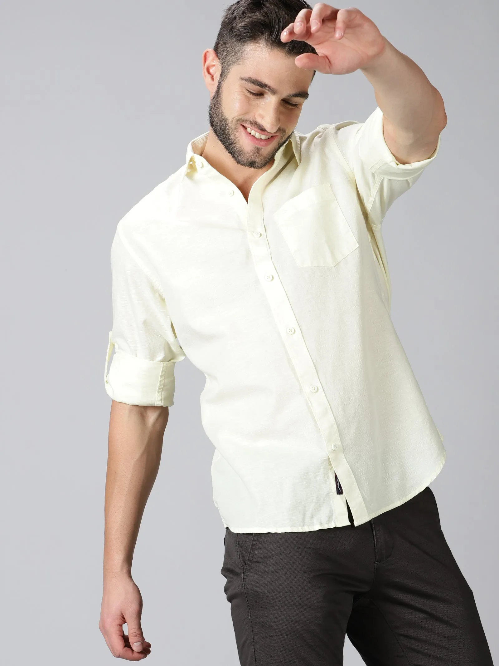 MEN'S COTTON LINEN YELLOW SOLID SLIM FIT SHIRT