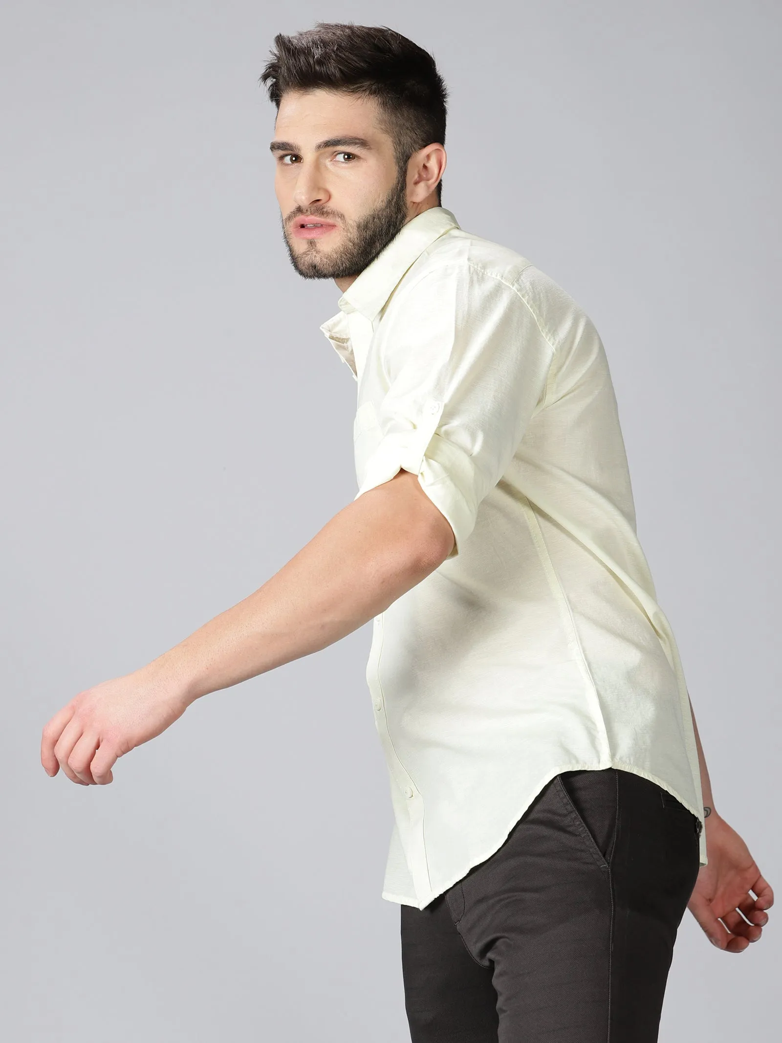 MEN'S COTTON LINEN YELLOW SOLID SLIM FIT SHIRT