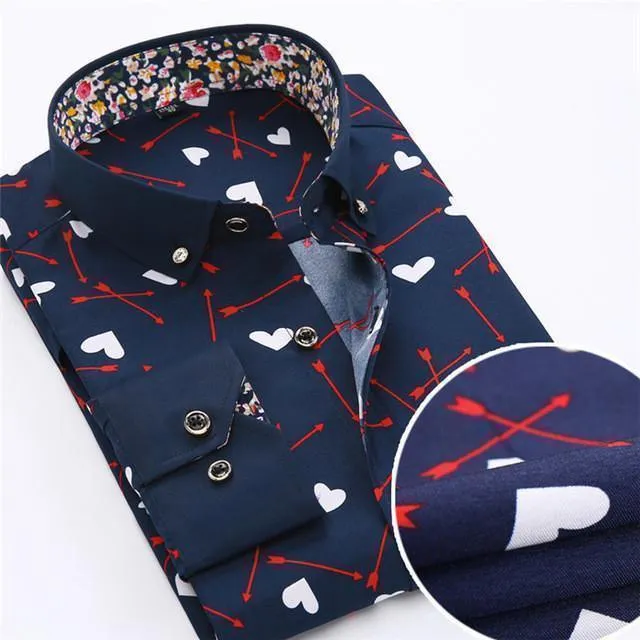 Men's Dress Shirts, Casual Shirts, Spade Print Shirts, Navy, White