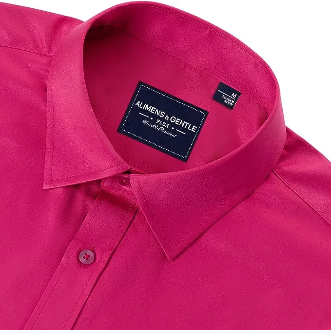 Men's Dress Shirts Wrinkle-Free Long Sleeve Stretch Solid Formal Business Button Down Shirt with Pocket - Hot Pink