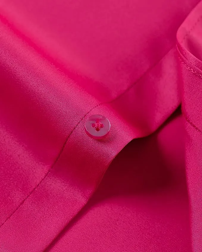 Men's Dress Shirts Wrinkle-Free Long Sleeve Stretch Solid Formal Business Button Down Shirt with Pocket - Hot Pink