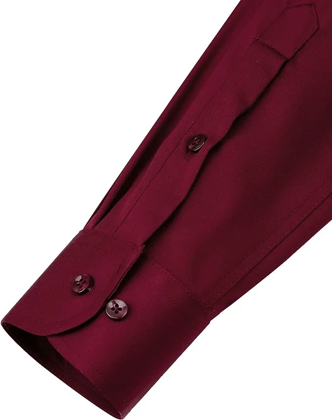 Men's Dress Shirts Wrinkle-Free Long Sleeve Stretch Solid Formal Business Button Down Shirt with Pocket - Wine