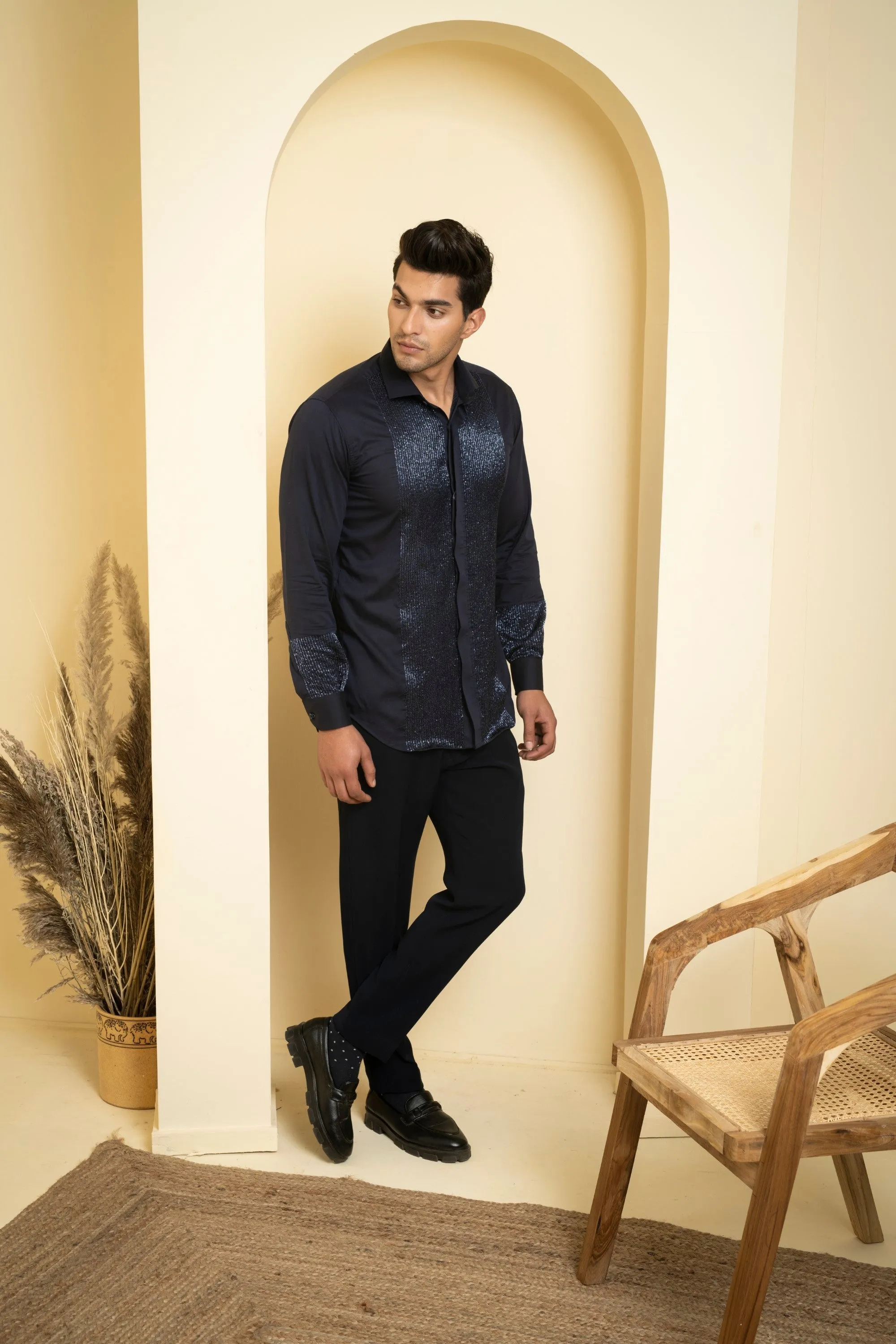 Men's Navy Blue Color Metallic Full Sleeves Shirt - Hilo Design