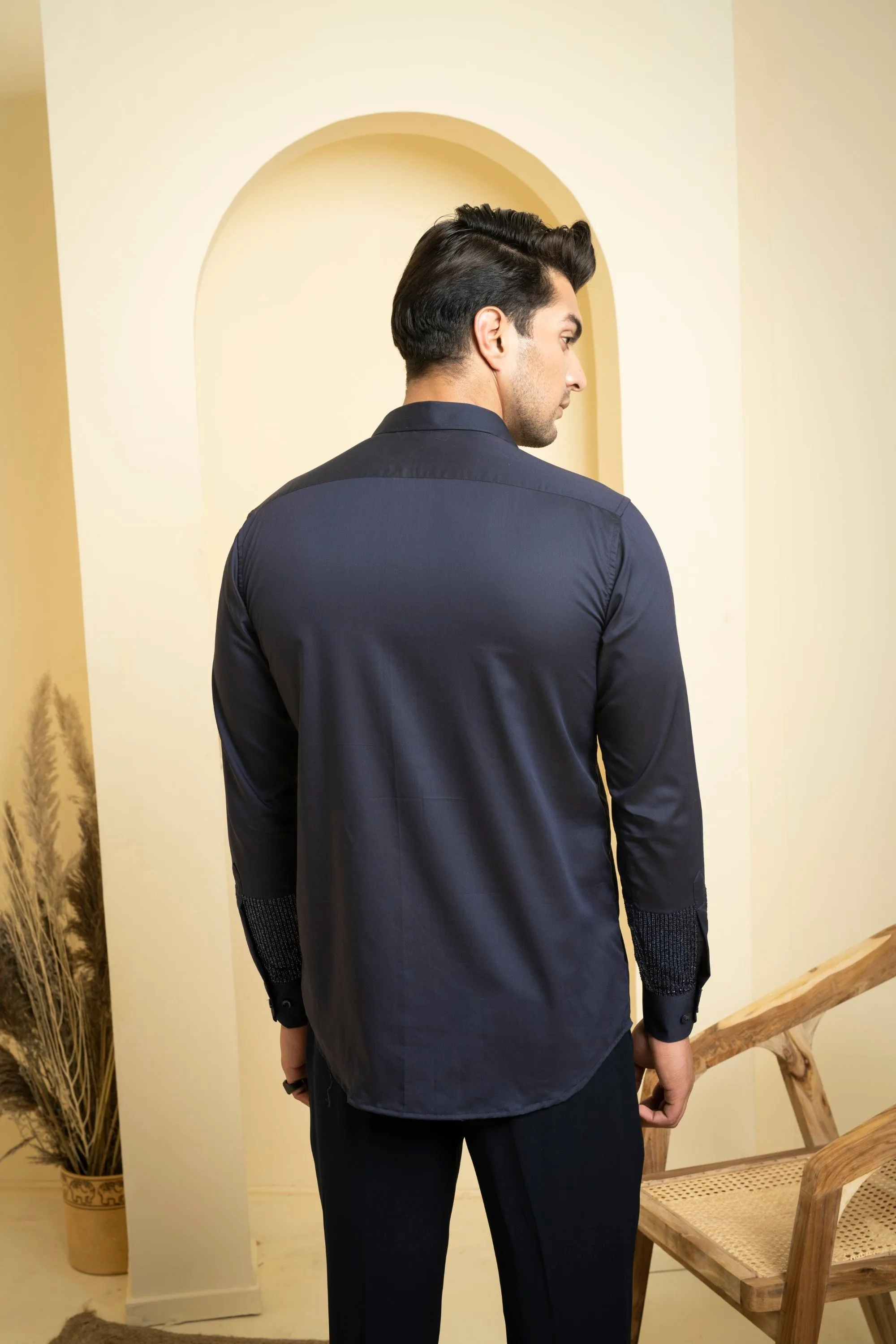 Men's Navy Blue Color Metallic Full Sleeves Shirt - Hilo Design