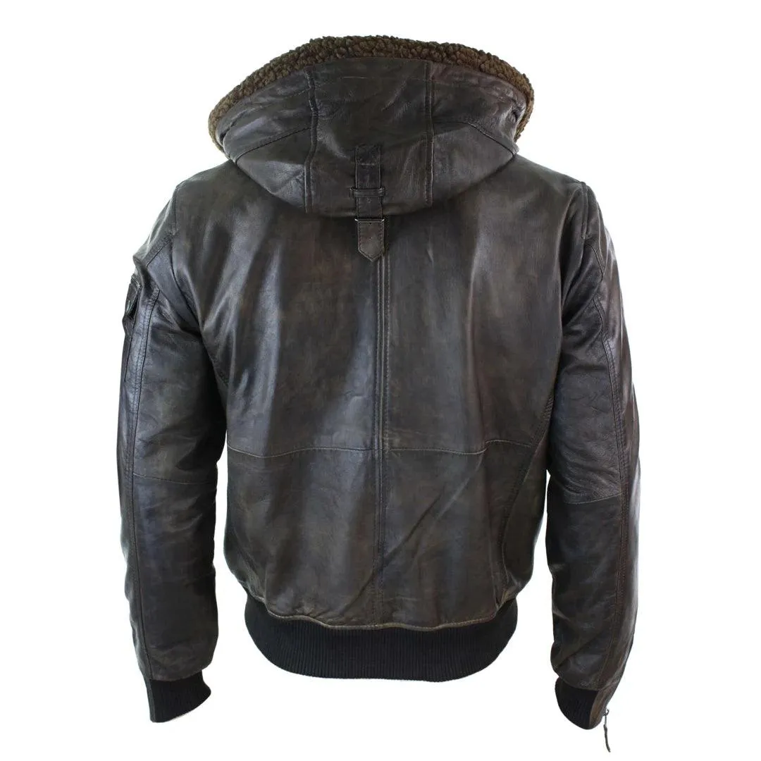 Mens Real Leather Hood Fur Jacket Bomber Aviator Tan Brown Retro