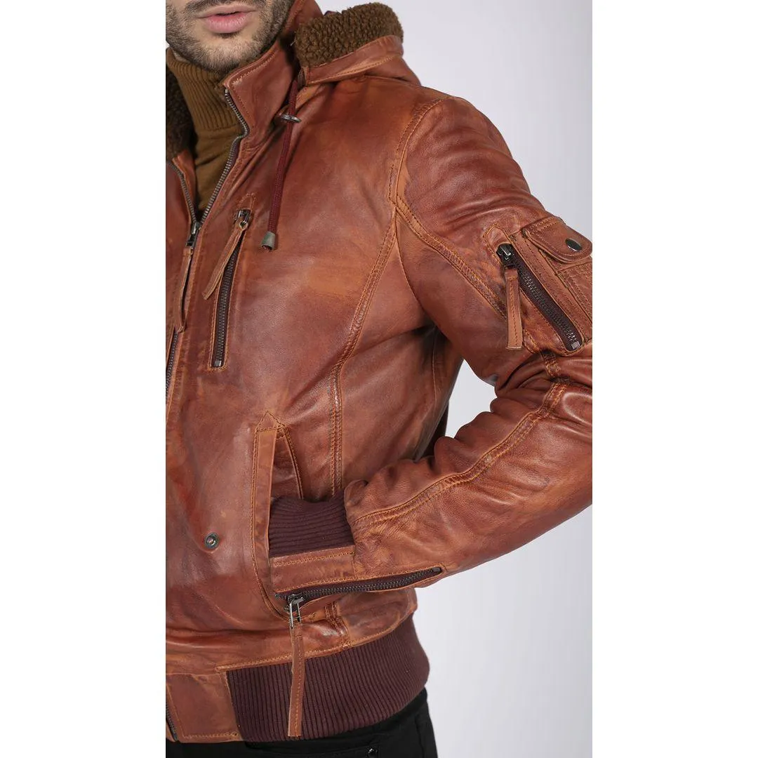 Mens Real Leather Hood Fur Jacket Bomber Aviator Tan Brown Retro