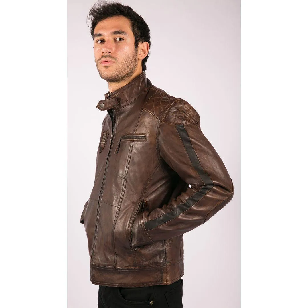 Mens Vintage Antique Brown Biker Style Real Leather Jacket Retro Casual Design