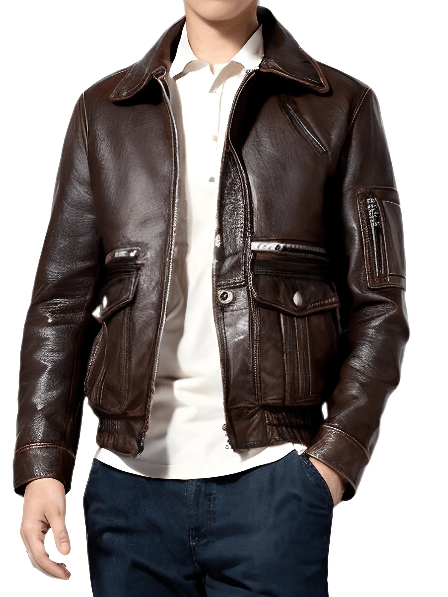 Men's Vintage Leather Jacket Stone Milled Cowhide Bomber Jacket Brown Calfskin Motorcycle Jacket